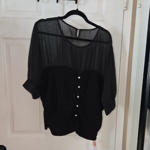 Cider Black Sheer Button-Down Blouse